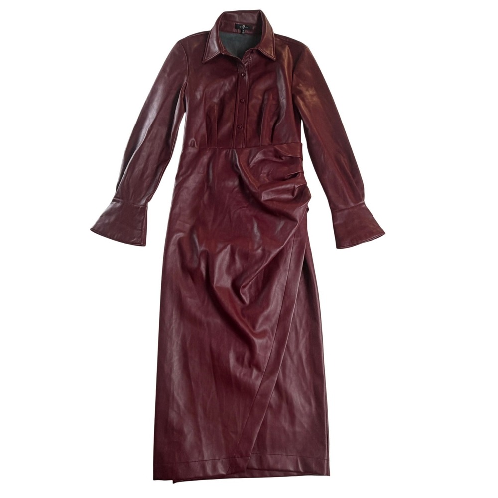 7 For All Mankind Burgundy Vegan Leather Ruched Midi Dress Size S